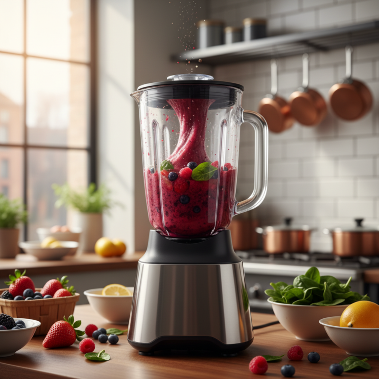 Een hoogwaardige blender maakt een levendige fruitsmoothie met verse bessen en spinazie
