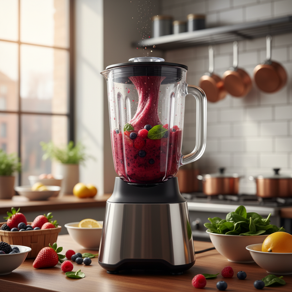 Een hoogwaardige blender maakt een levendige fruitsmoothie met verse bessen en spinazie